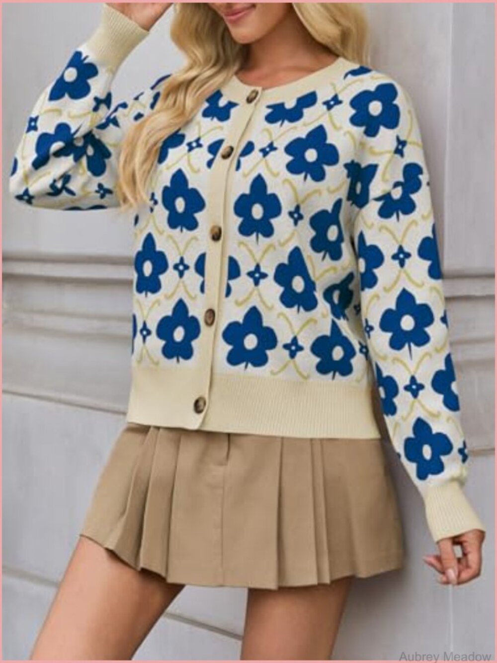 Floral Cardigan Sweater Long Sleeve Open Front Button Down Knit Retro Coat - Picture 3 of 7